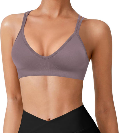 Seamless V-Neck Cross Back Women Sports Bra for Small Chest, 3 Pack | Made for A-C Cups, Spaghetti Straps, Removable Padded, Comfort Wireless for Low Impact Workout: Yoga, Lounging & Daily Wear