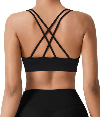 Seamless V-Neck Cross Back Women Sports Bra for Small Chest, 3 Pack | Made for A-C Cups, Spaghetti Straps, Removable Padded, Comfort Wireless for Low Impact Workout: Yoga, Lounging & Daily Wear