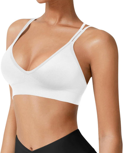 Seamless V-Neck Cross Back Women Sports Bra for Small Chest, 3 Pack | Made for A-C Cups, Spaghetti Straps, Removable Padded, Comfort Wireless for Low Impact Workout: Yoga, Lounging & Daily Wear