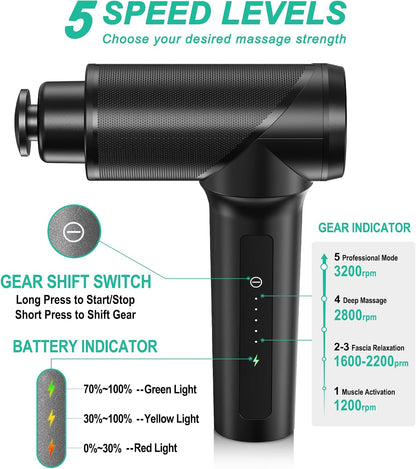 Massage Gun - High Intensity Brushless Motor, Handheld Percussion Deep Tissue Massager with 6 Massage Heads for Sore Muscle and Stiffness, Valentines Day Gifts (Gray)