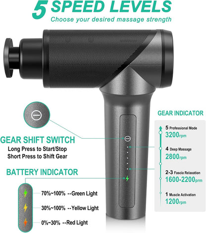 Massage Gun - High Intensity Brushless Motor, Handheld Percussion Deep Tissue Massager with 6 Massage Heads for Sore Muscle and Stiffness, Valentines Day Gifts (Gray)