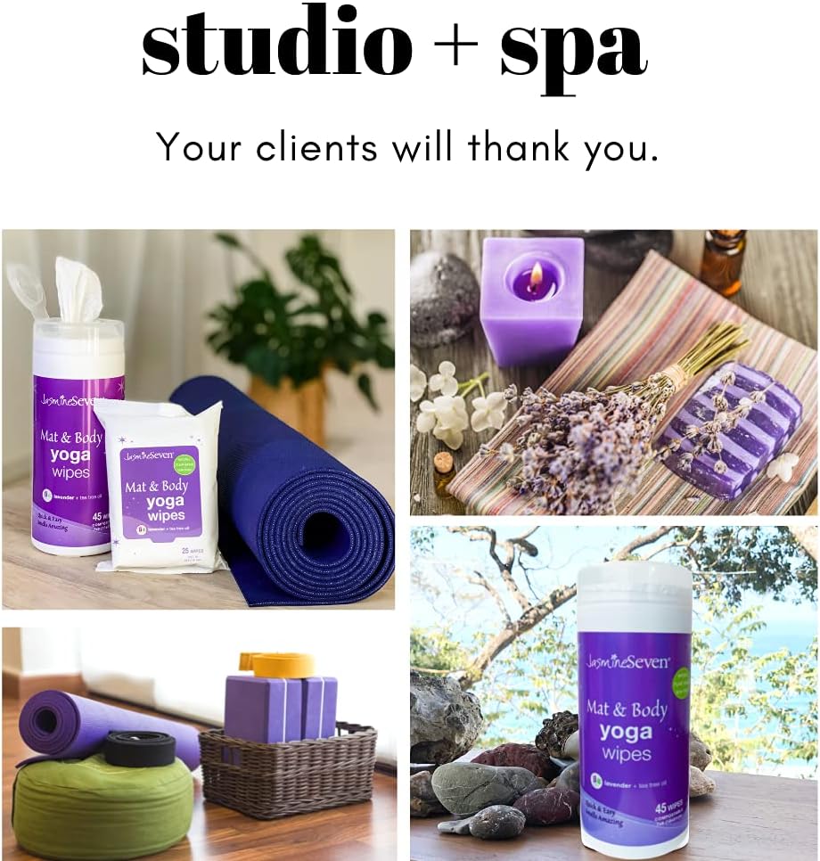 Yoga Wipes for Mat and Body - Bulk CASE of 6 - Natural Lavender and Tea Tree - - for Studio, Gym, Spa, Fitness