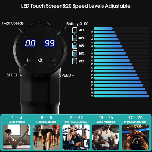 Muscle Massage Gun, Back Massager Deep Tissue Gun for Athletes to Relief Pain and Relax with 20 Adjustable High Intensity Speeds 6 Heads, Body Carrying Case