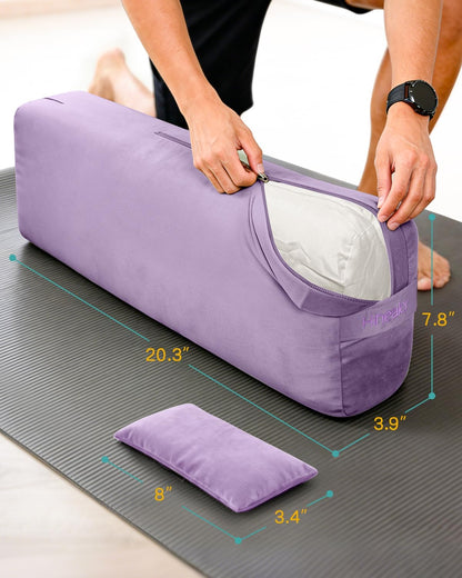 3 in 1 Yoga Bolster Pillow Set for Relaxation & Meditation, Premium Rectangular Velvet Cushion with Weighted Lavender Eye Pillow, Supportive Foam for Back Support & Stretching