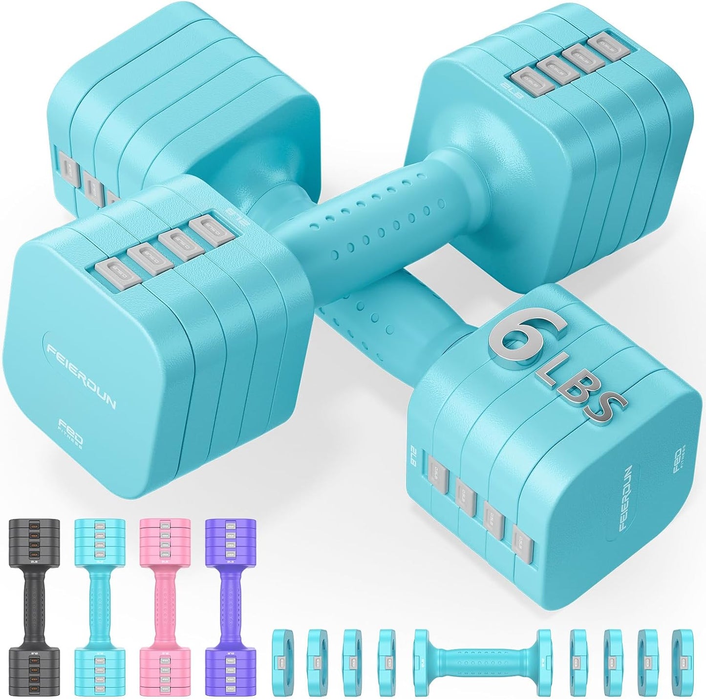 DB3 5-in-1 Adjustable Dumbbell Set, 6LB/10LB Pair Adjustable Weights for Women at Home, Dual Locking Stable Hand Weights with TPU Soft Handle, Home Gym, Rehab, Pilates, Yoga, Strength Training