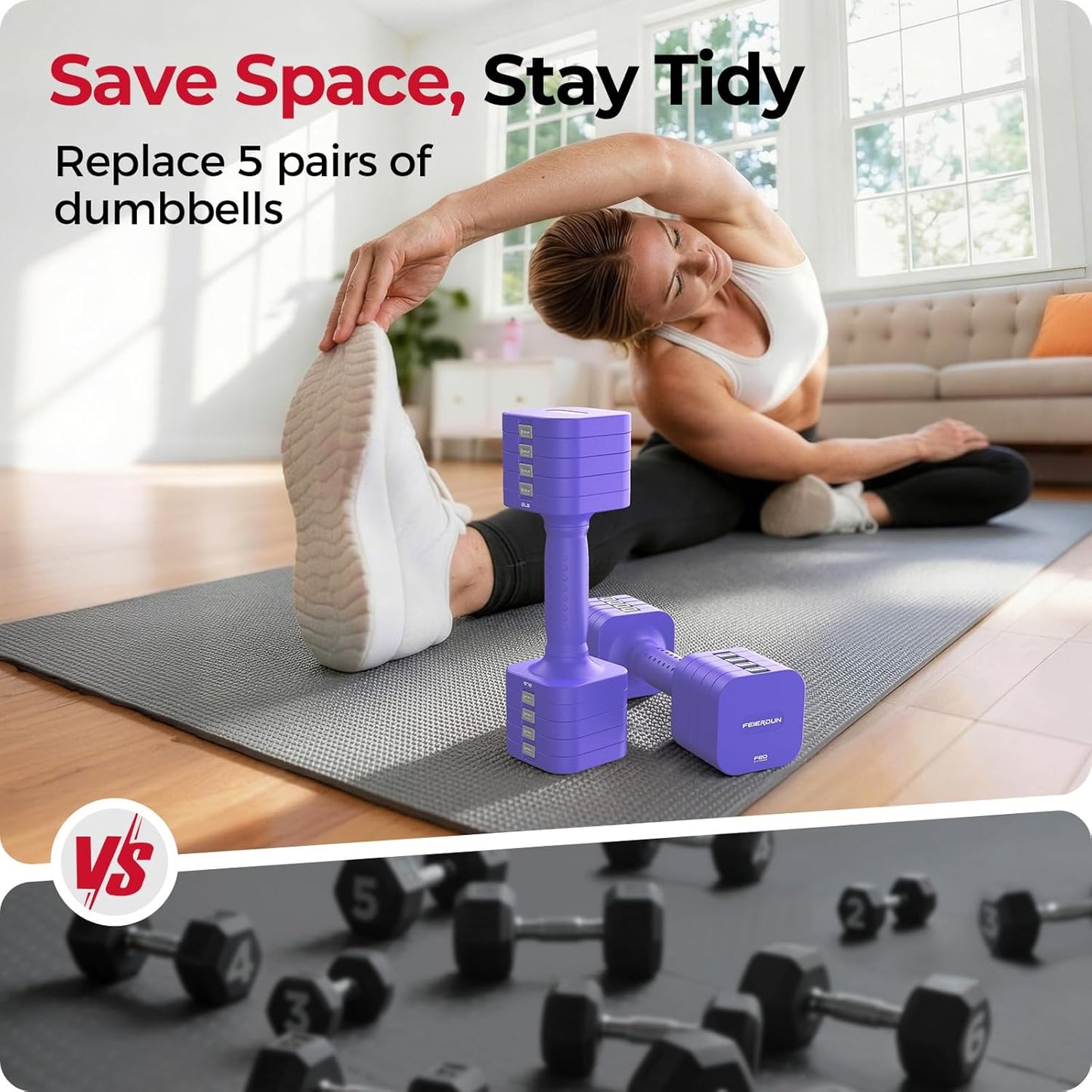 DB3 5-in-1 Adjustable Dumbbell Set, 6LB/10LB Pair Adjustable Weights for Women at Home, Dual Locking Stable Hand Weights with TPU Soft Handle, Home Gym, Rehab, Pilates, Yoga, Strength Training