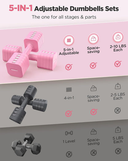 DB3 5-in-1 Adjustable Dumbbell Set, 6LB/10LB Pair Adjustable Weights for Women at Home, Dual Locking Stable Hand Weights with TPU Soft Handle, Home Gym, Rehab, Pilates, Yoga, Strength Training