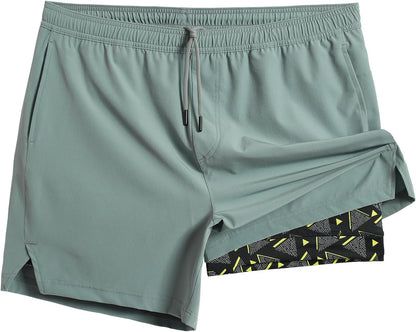 Mens 5" Gym Running Shorts for Men 2 in 1 Quick Dry Workout Athletic Shorts