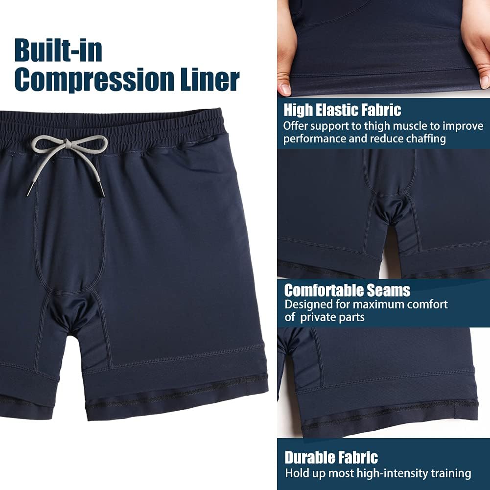 Mens 5" Gym Running Shorts for Men 2 in 1 Quick Dry Workout Athletic Shorts