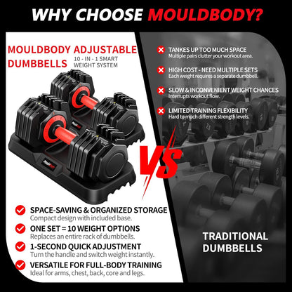 Adjustable Dumbbell Set Pair 25 lb or 50lb,10-in-1 Free Weight | 1-Second Dial Weight Adjustment,Space-Saving Design with Storage Base, Home Gym Strength Training Equipment
