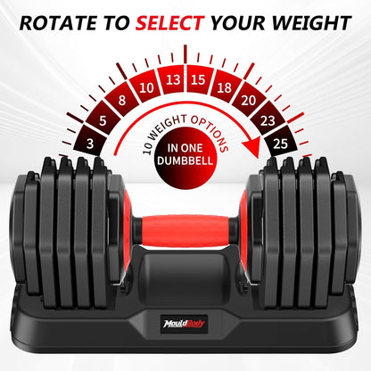 Adjustable Dumbbell Set Pair 25 lb or 50lb,10-in-1 Free Weight | 1-Second Dial Weight Adjustment,Space-Saving Design with Storage Base, Home Gym Strength Training Equipment