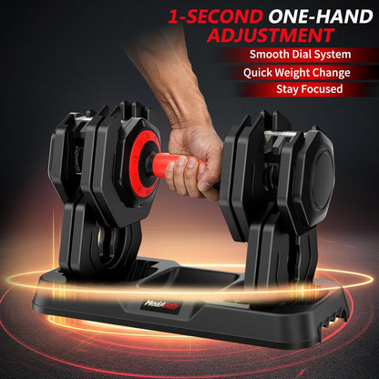 Adjustable Dumbbell Set Pair 25 lb or 50lb,10-in-1 Free Weight | 1-Second Dial Weight Adjustment,Space-Saving Design with Storage Base, Home Gym Strength Training Equipment
