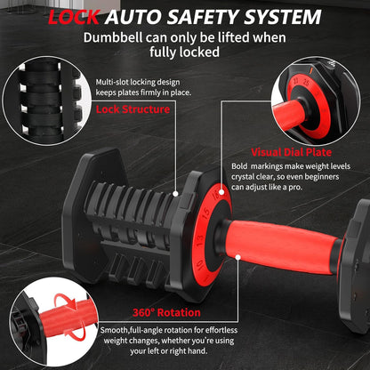 Adjustable Dumbbell Set Pair 25 lb or 50lb,10-in-1 Free Weight | 1-Second Dial Weight Adjustment,Space-Saving Design with Storage Base, Home Gym Strength Training Equipment