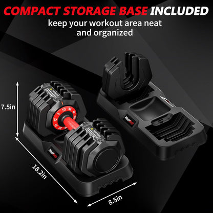 Adjustable Dumbbell Set Pair 25 lb or 50lb,10-in-1 Free Weight | 1-Second Dial Weight Adjustment,Space-Saving Design with Storage Base, Home Gym Strength Training Equipment