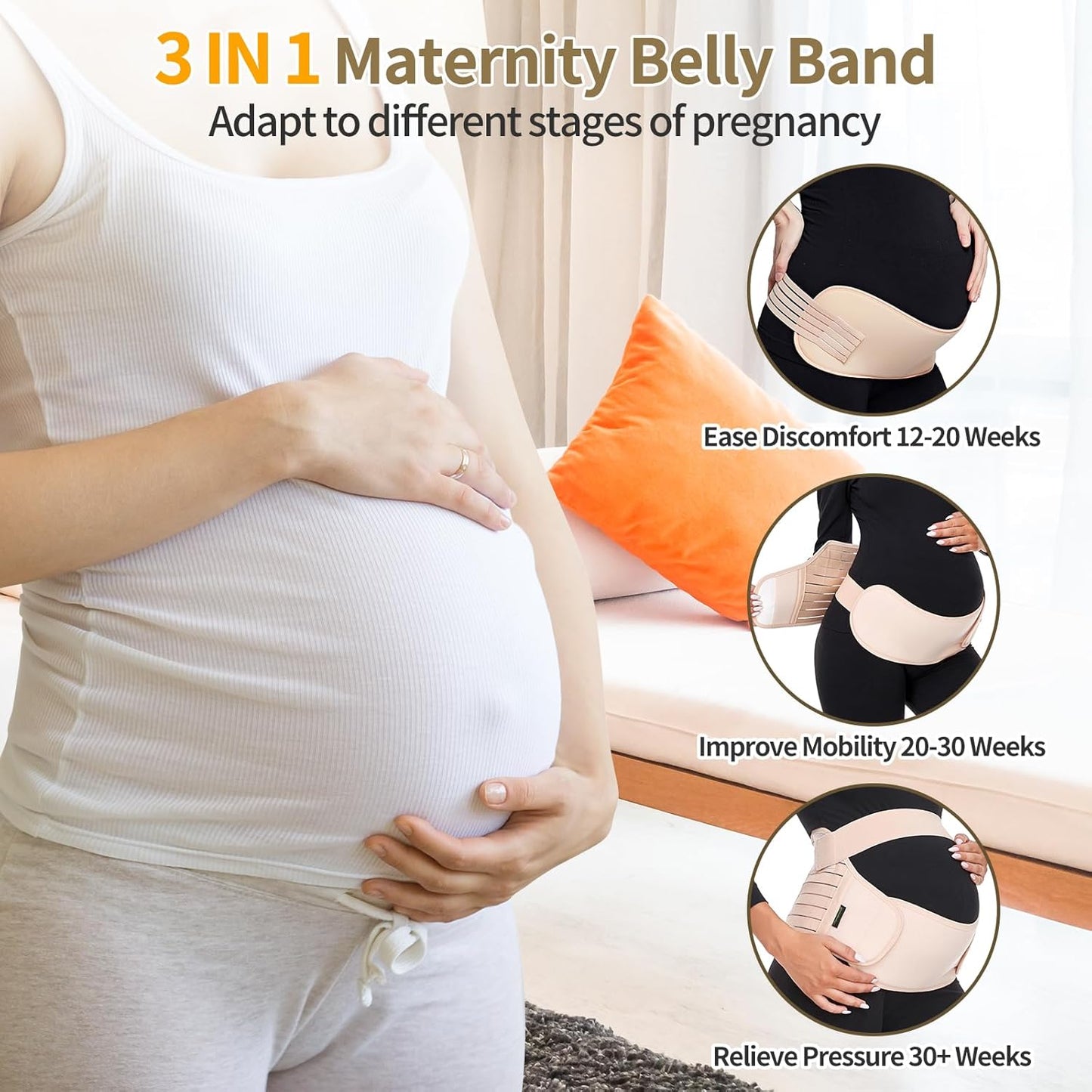 Maternity Belt, Pregnancy 3 in 1 Support Belt for Back/Pelvic/Hip Pain, Maternity Band Belly Support for Pregnancy Belly Support Band (L: Fit Ab 39.5"-51.3", Beige)