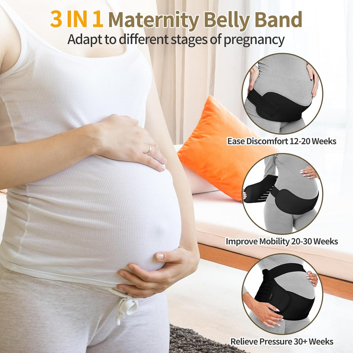 Maternity Belt, Pregnancy 3 in 1 Support Belt for Back/Pelvic/Hip Pain, Maternity Band Belly Support for Pregnancy Belly Support Band (L: Fit Ab 39.5"-51.3", Beige)