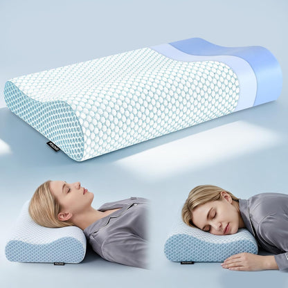 Memory Foam Pillows Neck Pillow Bed Pillow for Sleeping, Ergonomic Cervical Pillow for Neck and Shoulder Pain Relief,Orthopedic Contour Pillow for Side Back Stomach Sleeper(Blue&Grey)