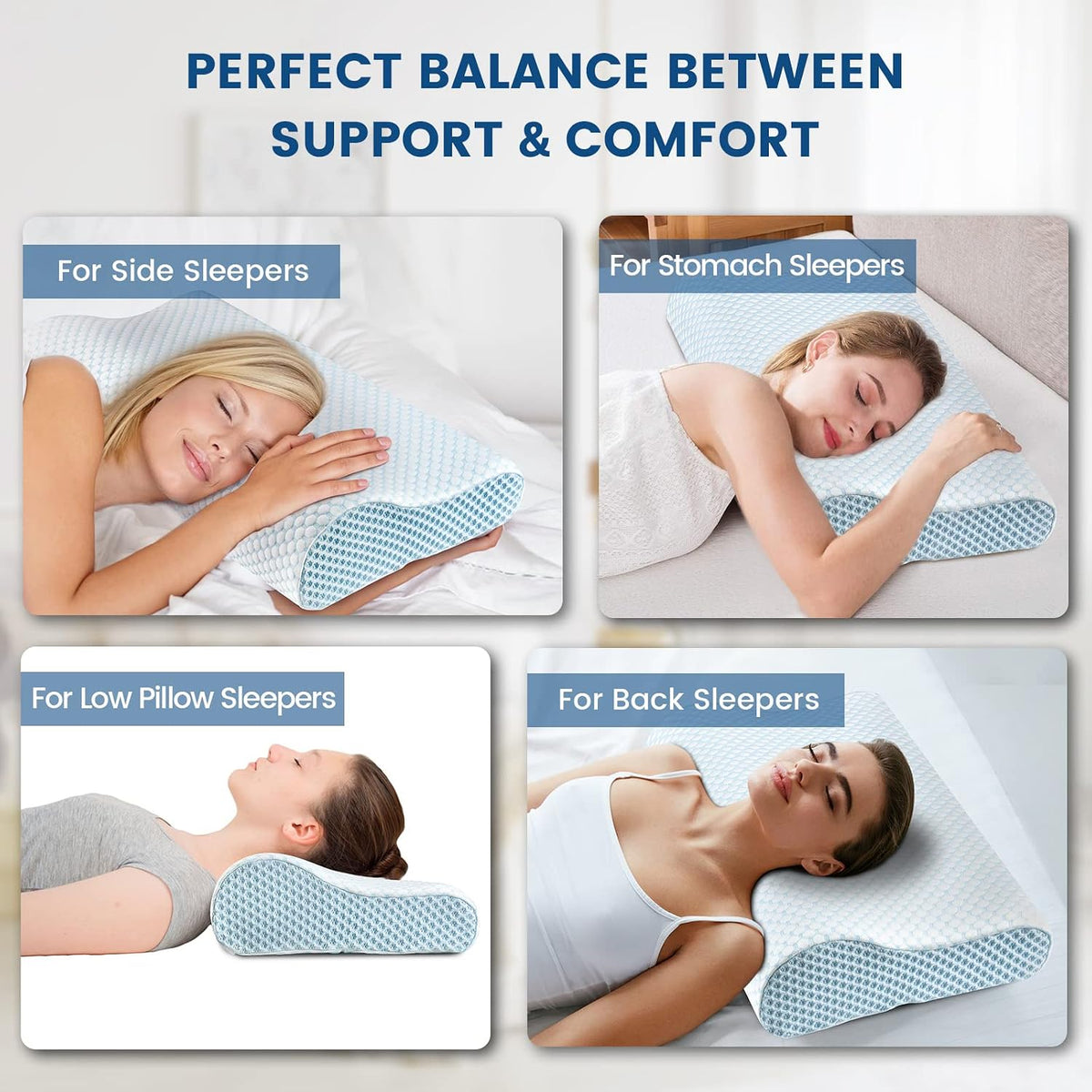 Memory Foam Pillows Neck Pillow Bed Pillow for Sleeping, Ergonomic Cervical Pillow for Neck and Shoulder Pain Relief,Orthopedic Contour Pillow for Side Back Stomach Sleeper(Blue&Grey)