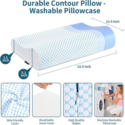 Memory Foam Pillows Neck Pillow Bed Pillow for Sleeping, Ergonomic Cervical Pillow for Neck and Shoulder Pain Relief,Orthopedic Contour Pillow for Side Back Stomach Sleeper(Blue&Grey)