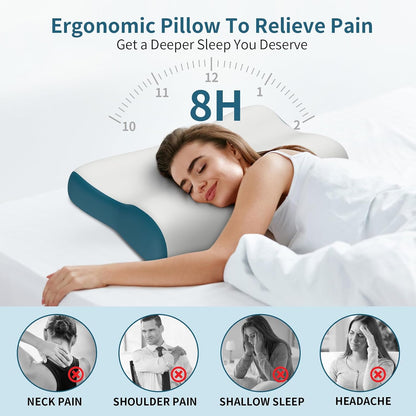 Memory Foam Pillows Neck Pillow Bed Pillow for Sleeping, Ergonomic Cervical Pillow for Neck and Shoulder Pain Relief,Orthopedic Contour Pillow for Side Back Stomach Sleeper(Blue&Grey)