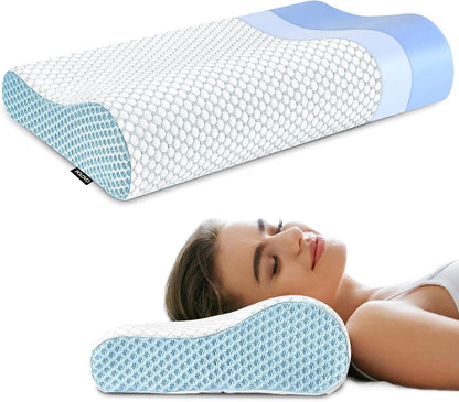 Memory Foam Pillows Neck Pillow Bed Pillow for Sleeping, Ergonomic Cervical Pillow for Neck and Shoulder Pain Relief,Orthopedic Contour Pillow for Side Back Stomach Sleeper(Blue&Grey)
