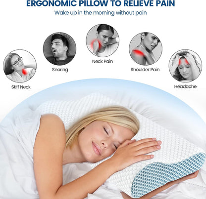 Memory Foam Pillows Neck Pillow Bed Pillow for Sleeping, Ergonomic Cervical Pillow for Neck and Shoulder Pain Relief,Orthopedic Contour Pillow for Side Back Stomach Sleeper(Blue&Grey)