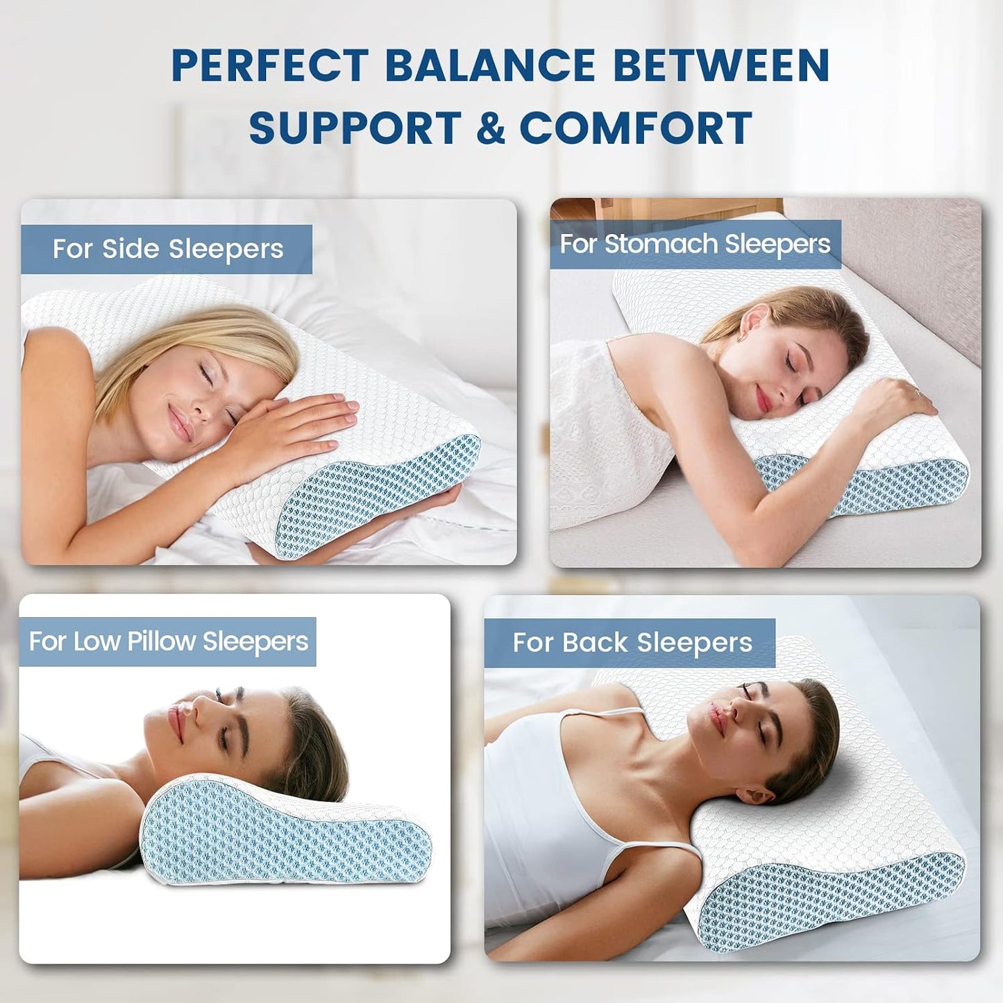 Memory Foam Pillows Neck Pillow Bed Pillow for Sleeping, Ergonomic Cervical Pillow for Neck and Shoulder Pain Relief,Orthopedic Contour Pillow for Side Back Stomach Sleeper(Blue&Grey)