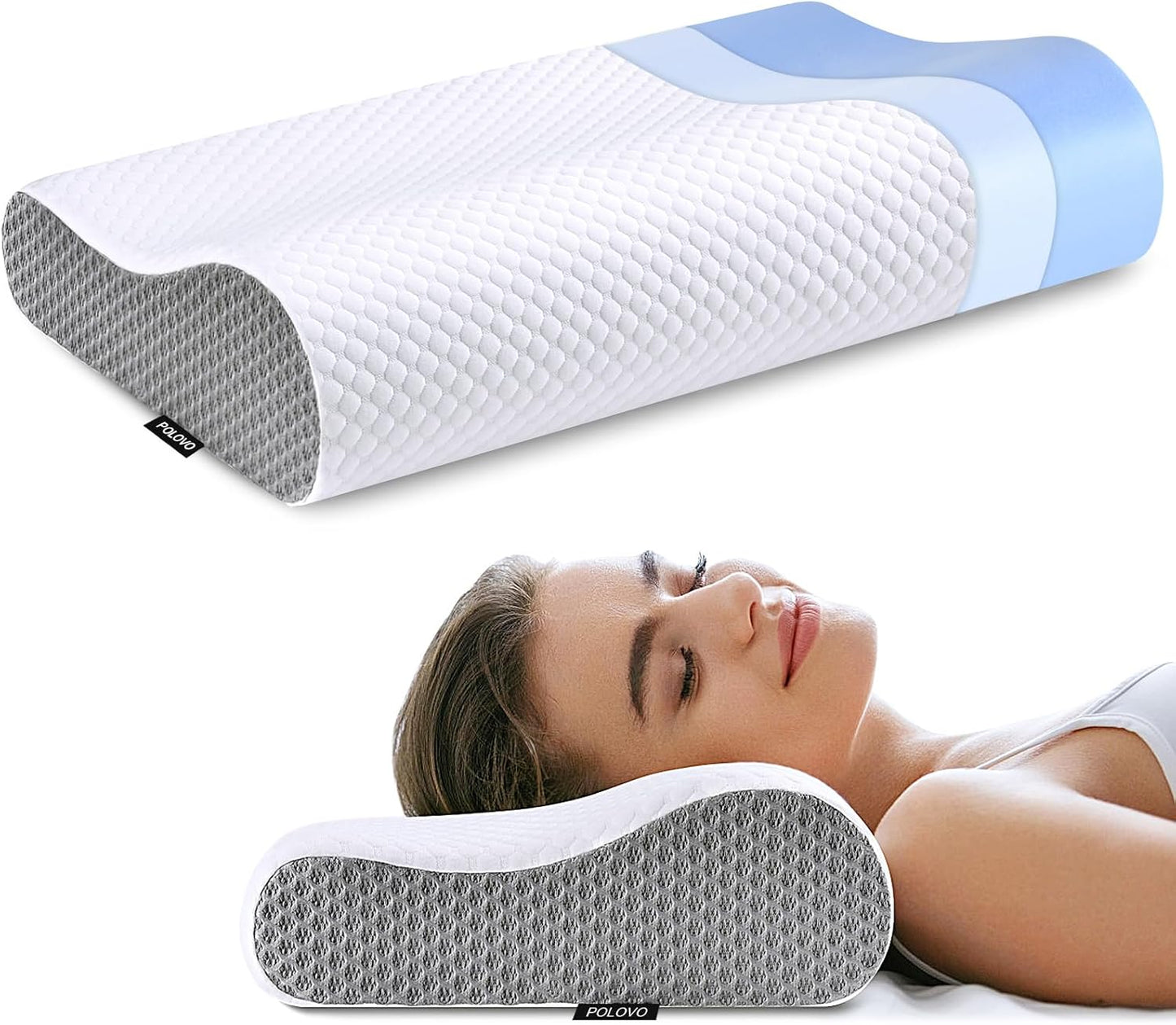 Memory Foam Pillows Neck Pillow Bed Pillow for Sleeping, Ergonomic Cervical Pillow for Neck and Shoulder Pain Relief,Orthopedic Contour Pillow for Side Back Stomach Sleeper(Blue&Grey)