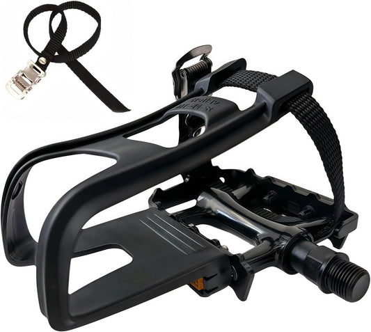 All-Terrain Bike Pedals with Toe Clips & Adjustable Straps Dual-Purpose Resin/Alloy Bicycle Pedals 9/16" Spindle - Indoor/Outdoor Use for Exercise/Spin/Road Bikes MTB