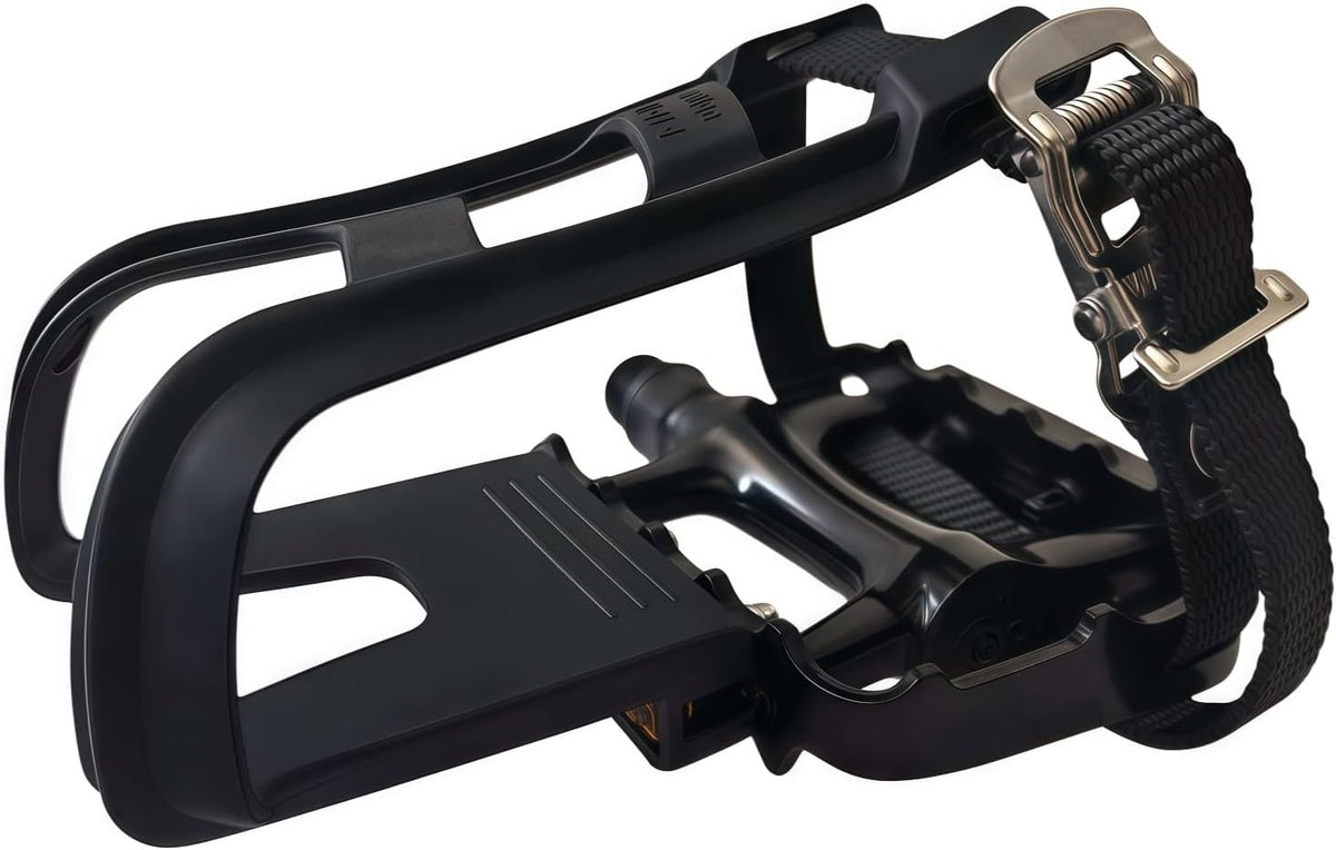 All-Terrain Bike Pedals with Toe Clips & Adjustable Straps Dual-Purpose Resin/Alloy Bicycle Pedals 9/16" Spindle - Indoor/Outdoor Use for Exercise/Spin/Road Bikes MTB