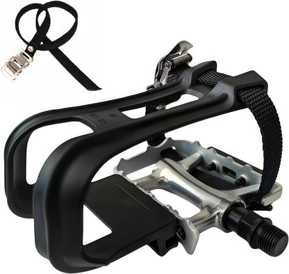 All-Terrain Bike Pedals with Toe Clips & Adjustable Straps Dual-Purpose Resin/Alloy Bicycle Pedals 9/16" Spindle - Indoor/Outdoor Use for Exercise/Spin/Road Bikes MTB