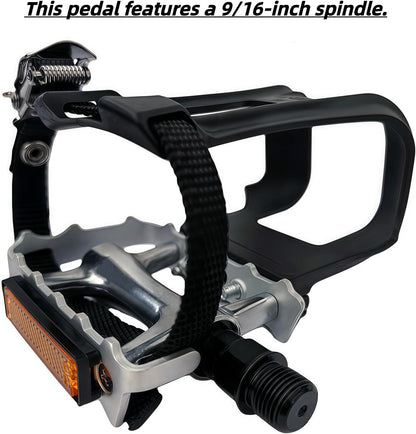 All-Terrain Bike Pedals with Toe Clips & Adjustable Straps Dual-Purpose Resin/Alloy Bicycle Pedals 9/16" Spindle - Indoor/Outdoor Use for Exercise/Spin/Road Bikes MTB