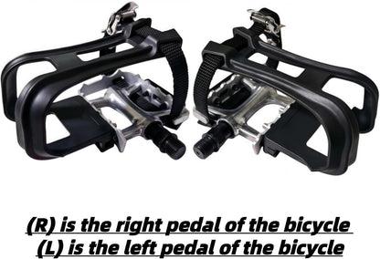 All-Terrain Bike Pedals with Toe Clips & Adjustable Straps Dual-Purpose Resin/Alloy Bicycle Pedals 9/16" Spindle - Indoor/Outdoor Use for Exercise/Spin/Road Bikes MTB