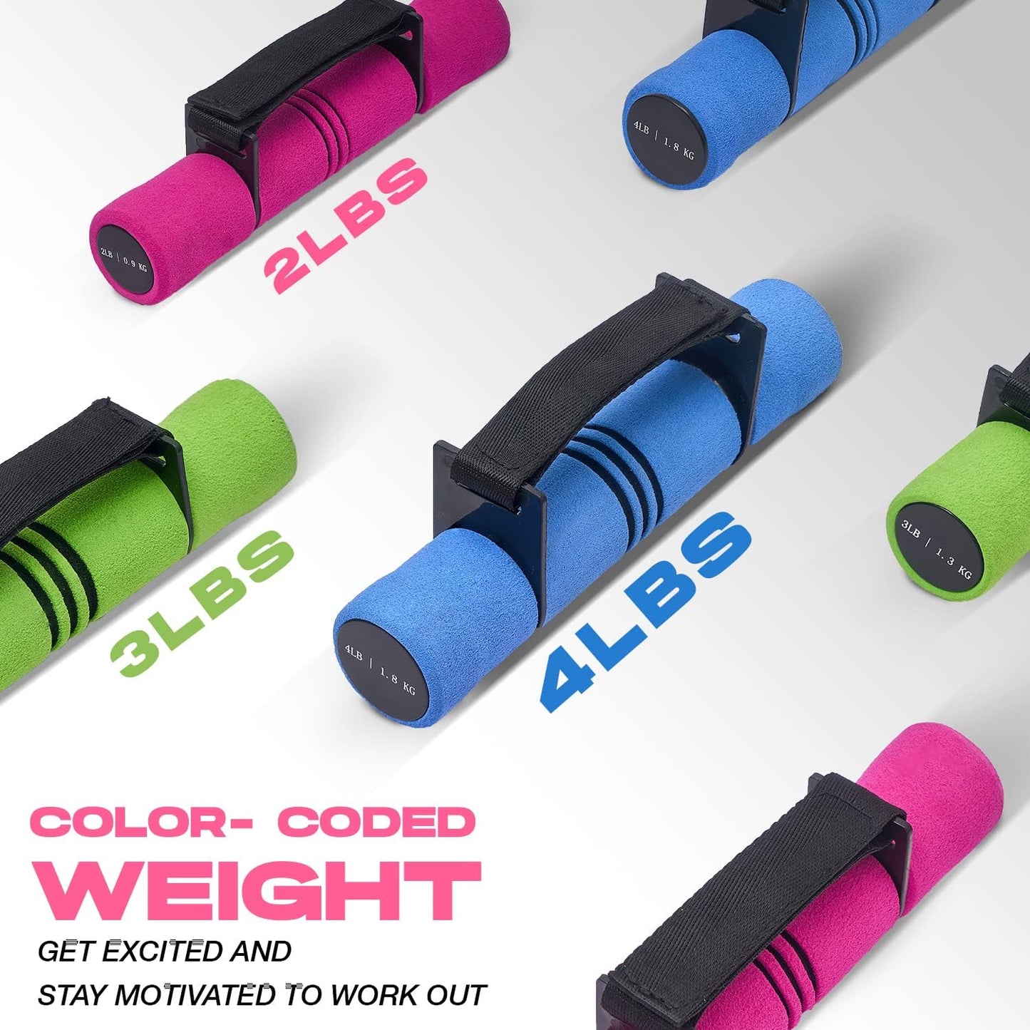 Adjustable Dumbbell Hand Weights Set Of 2 Perfect for Women's Walking or Travel Exercise with Adjustable Straps, Foam Cover, and Color Coded Weight (2lbs, 3lbs or 4lbs), Anti Slip