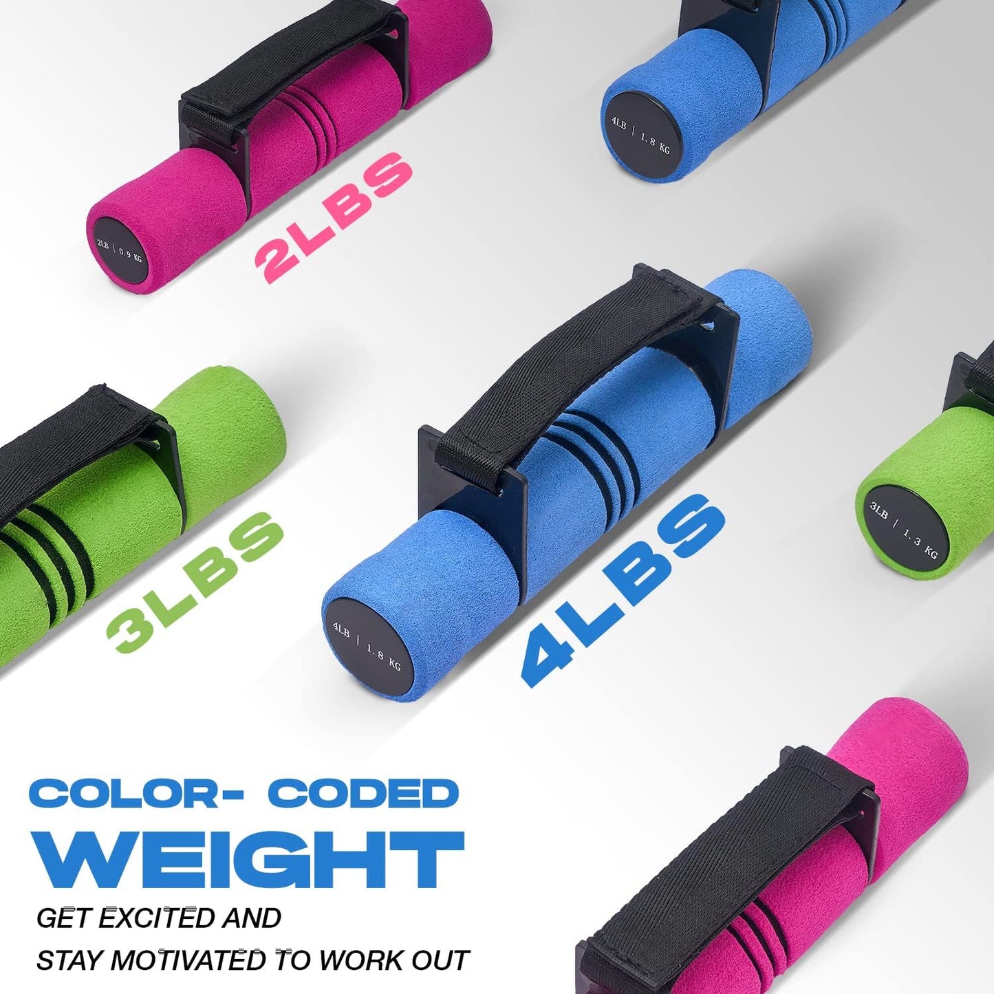 Adjustable Dumbbell Hand Weights Set Of 2 Perfect for Women's Walking or Travel Exercise with Adjustable Straps, Foam Cover, and Color Coded Weight (2lbs, 3lbs or 4lbs), Anti Slip