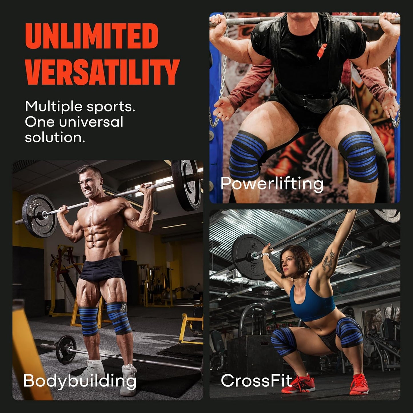 Sports Knee Wraps (Pair) for Men & Women | Ideal for Cross Training, WODs, Gym Workouts, Weightlifting, Fitness & Powerlifting | Knee Straps for Squats | 72" Compression & Elastic Support