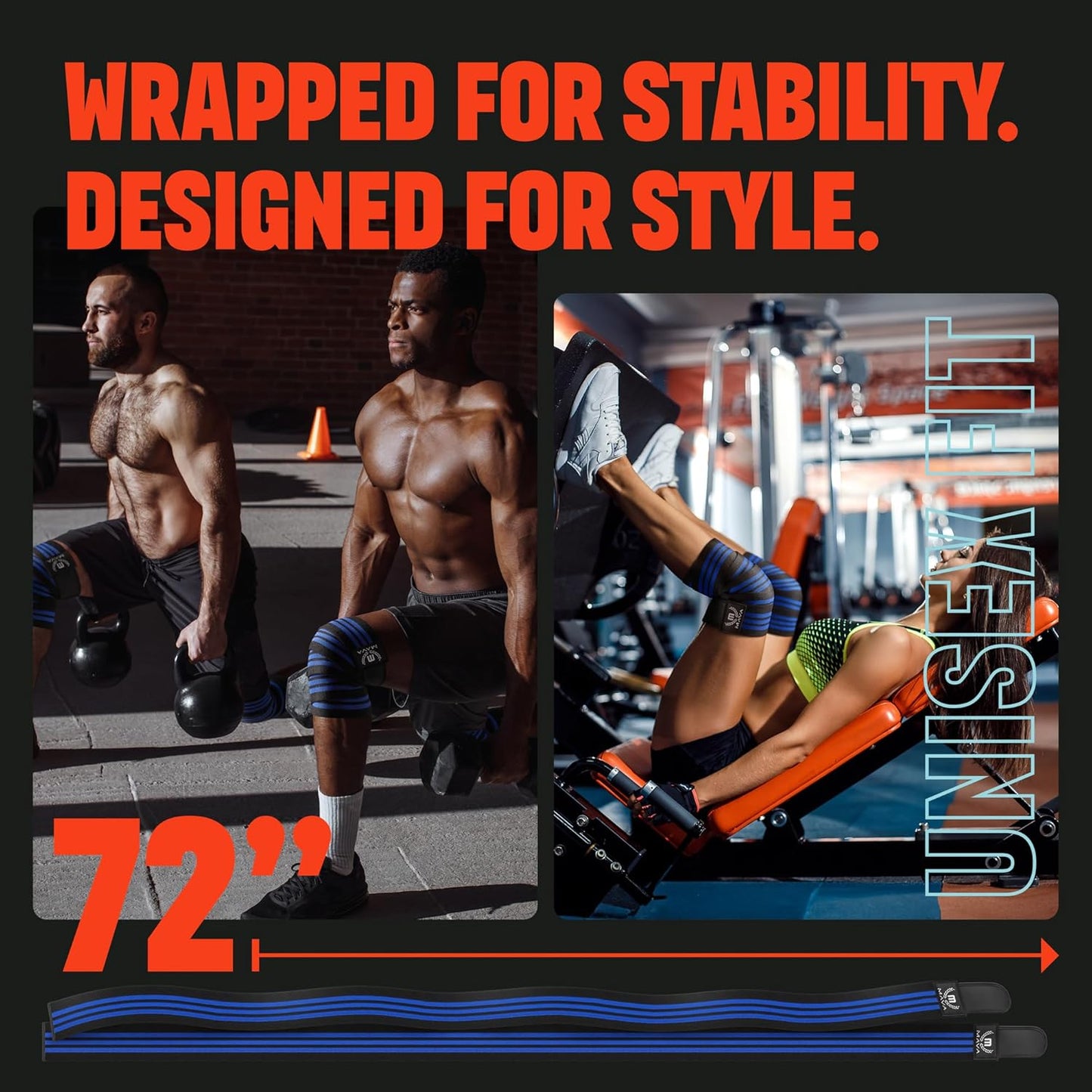 Sports Knee Wraps (Pair) for Men & Women | Ideal for Cross Training, WODs, Gym Workouts, Weightlifting, Fitness & Powerlifting | Knee Straps for Squats | 72" Compression & Elastic Support