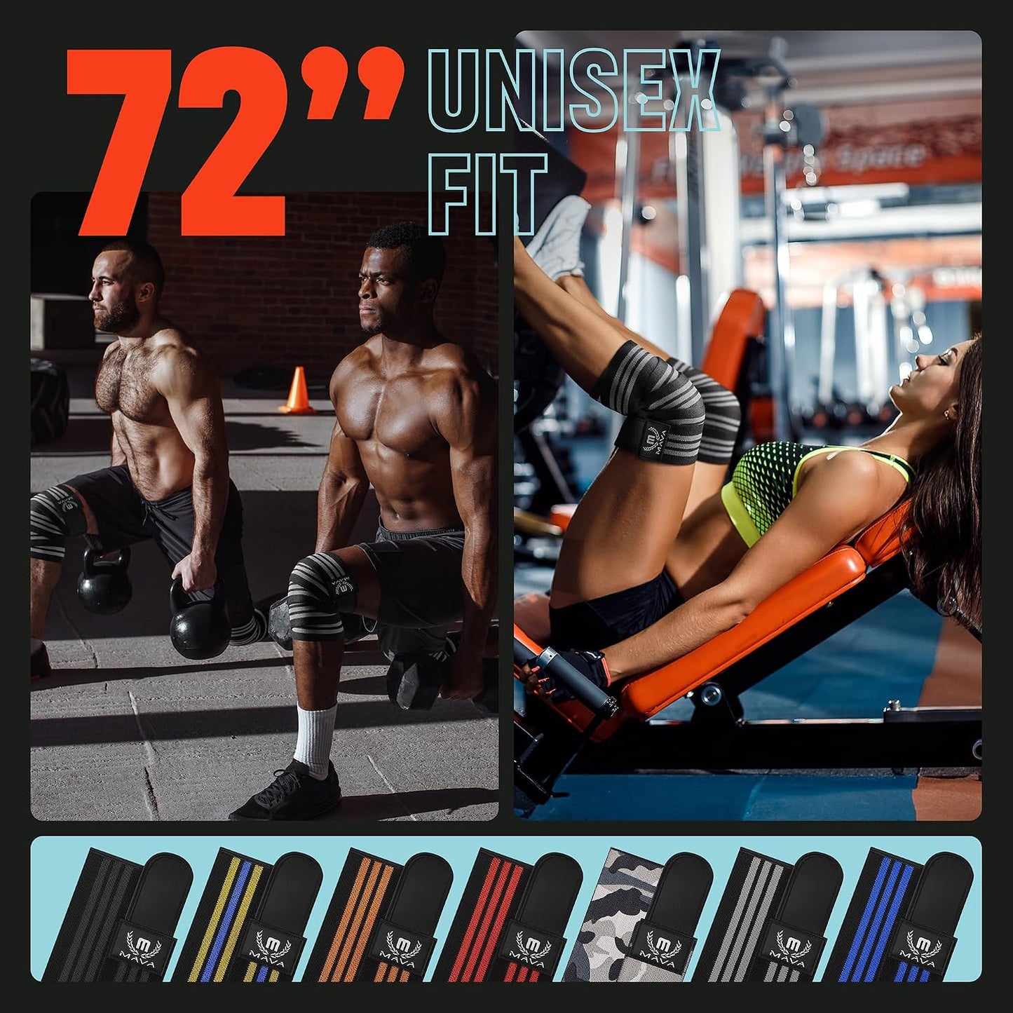 Sports Knee Wraps (Pair) for Men & Women | Ideal for Cross Training, WODs, Gym Workouts, Weightlifting, Fitness & Powerlifting | Knee Straps for Squats | 72" Compression & Elastic Support