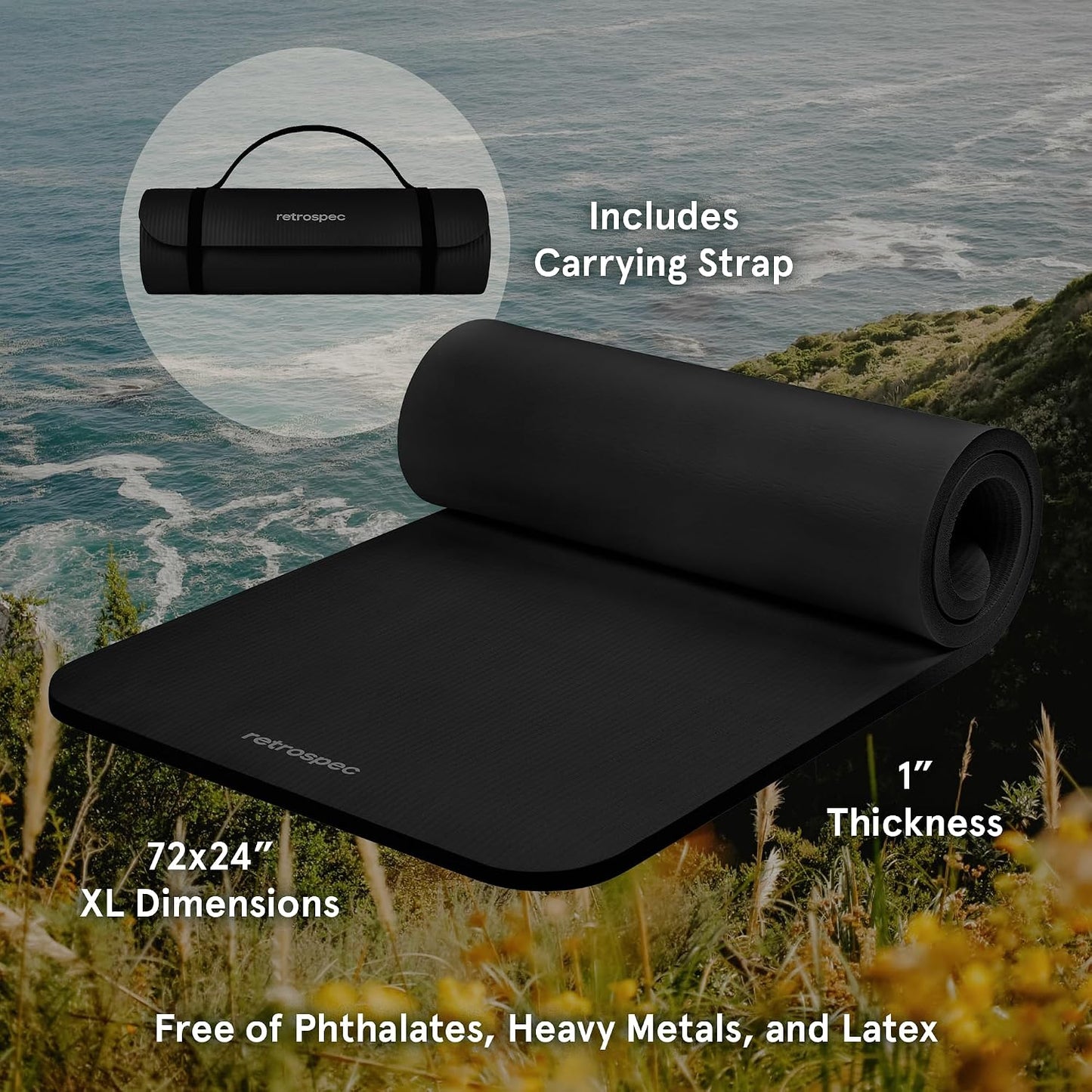 Solana Yoga Mat 1" Thick w/Nylon Strap for Men & Women - Non Slip Exercise Mat for Home Yoga, Pilates, Stretching, Floor & Fitness Workouts