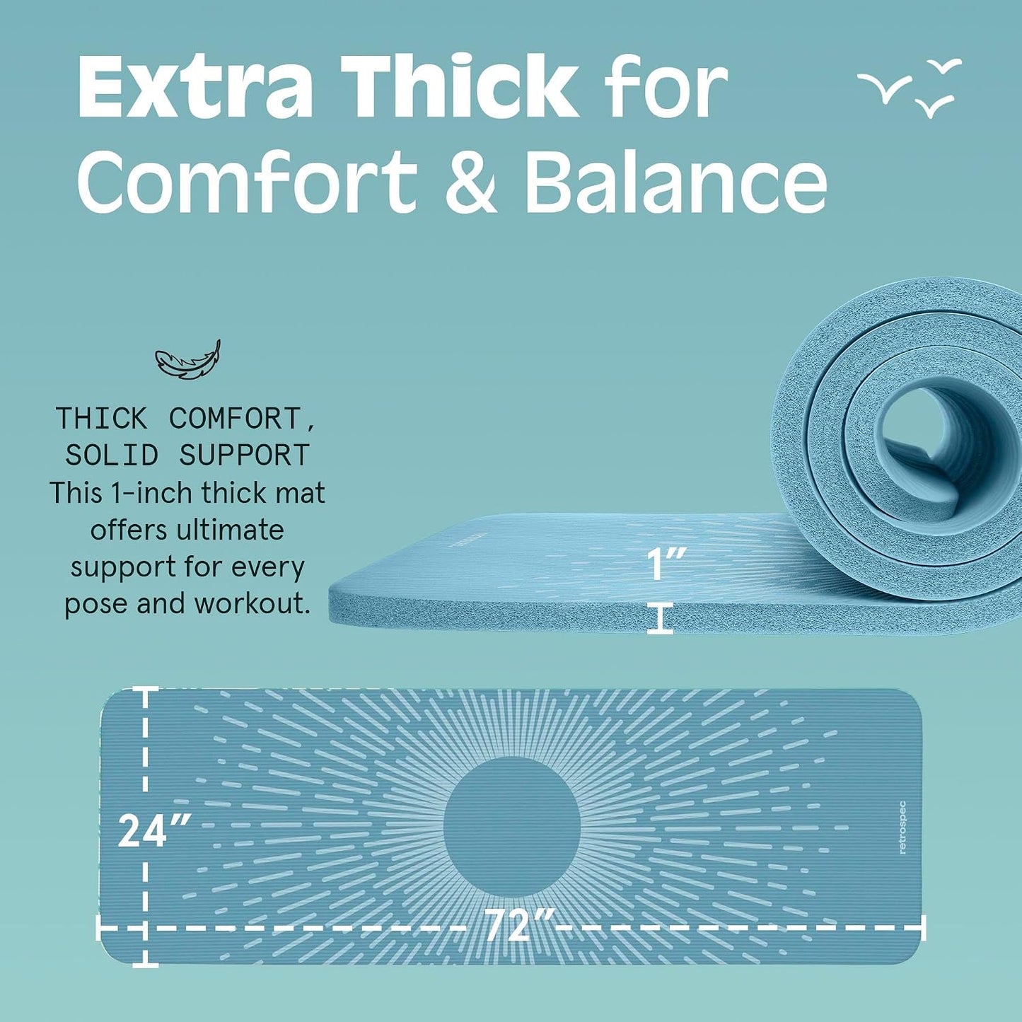 Solana Yoga Mat 1" Thick w/Nylon Strap for Men & Women - Non Slip Exercise Mat for Home Yoga, Pilates, Stretching, Floor & Fitness Workouts