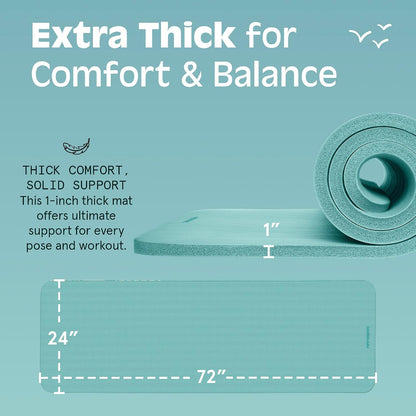 Solana Yoga Mat 1" Thick w/Nylon Strap for Men & Women - Non Slip Exercise Mat for Home Yoga, Pilates, Stretching, Floor & Fitness Workouts