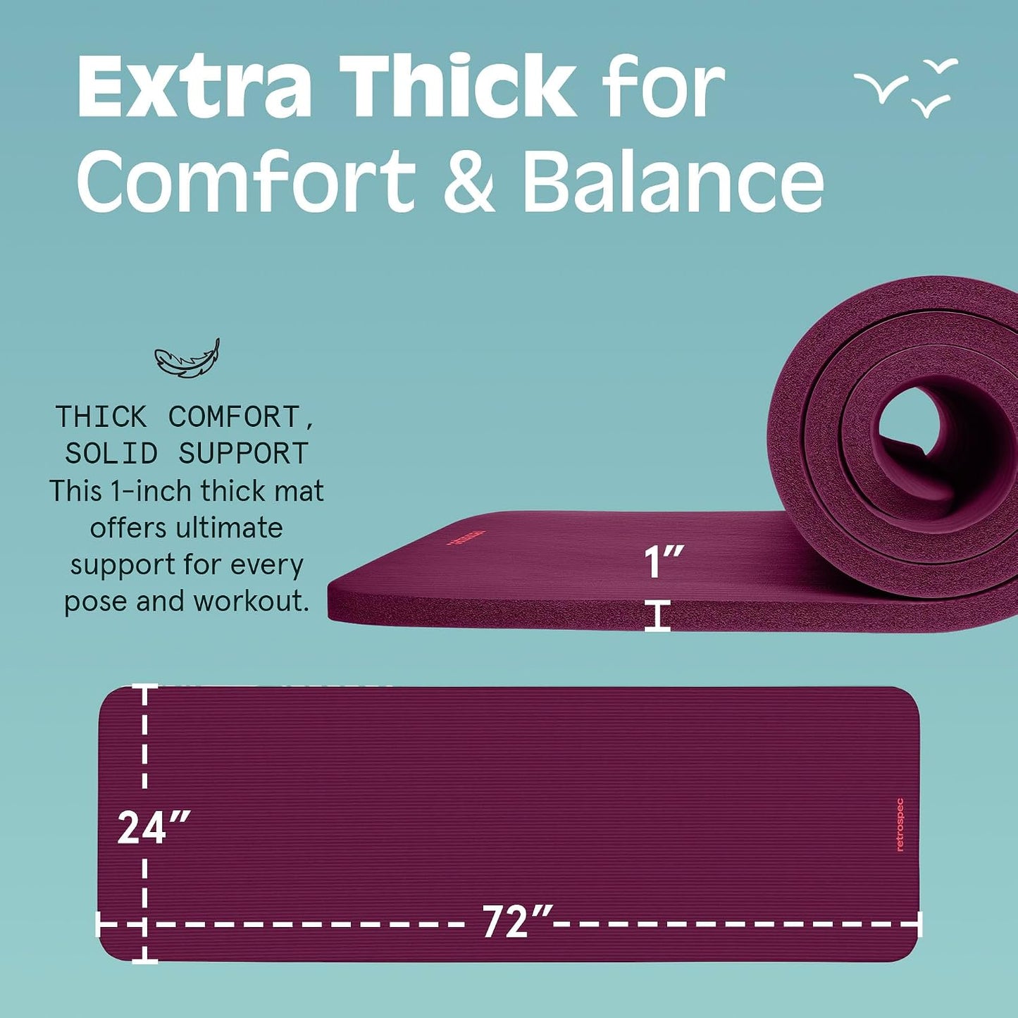 Solana Yoga Mat 1" Thick w/Nylon Strap for Men & Women - Non Slip Exercise Mat for Home Yoga, Pilates, Stretching, Floor & Fitness Workouts