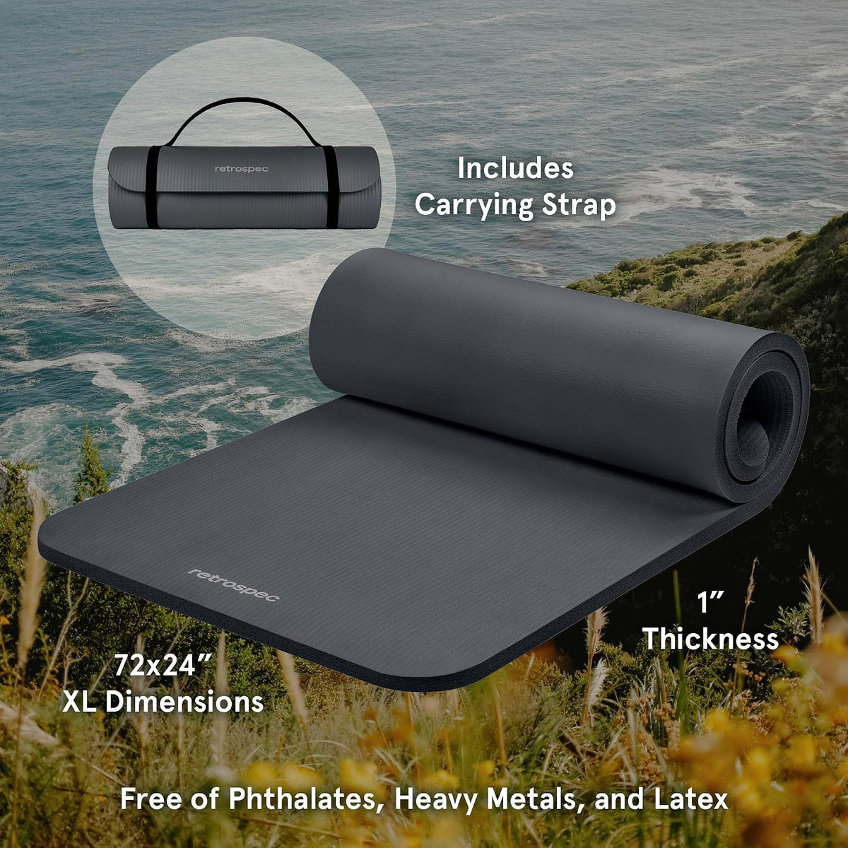Solana Yoga Mat 1" Thick w/Nylon Strap for Men & Women - Non Slip Exercise Mat for Home Yoga, Pilates, Stretching, Floor & Fitness Workouts