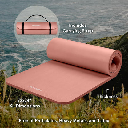 Solana Yoga Mat 1" Thick w/Nylon Strap for Men & Women - Non Slip Exercise Mat for Home Yoga, Pilates, Stretching, Floor & Fitness Workouts