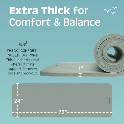 Solana Yoga Mat 1" Thick w/Nylon Strap for Men & Women - Non Slip Exercise Mat for Home Yoga, Pilates, Stretching, Floor & Fitness Workouts