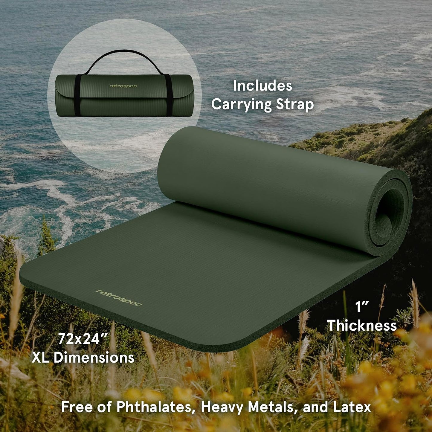Solana Yoga Mat 1" Thick w/Nylon Strap for Men & Women - Non Slip Exercise Mat for Home Yoga, Pilates, Stretching, Floor & Fitness Workouts