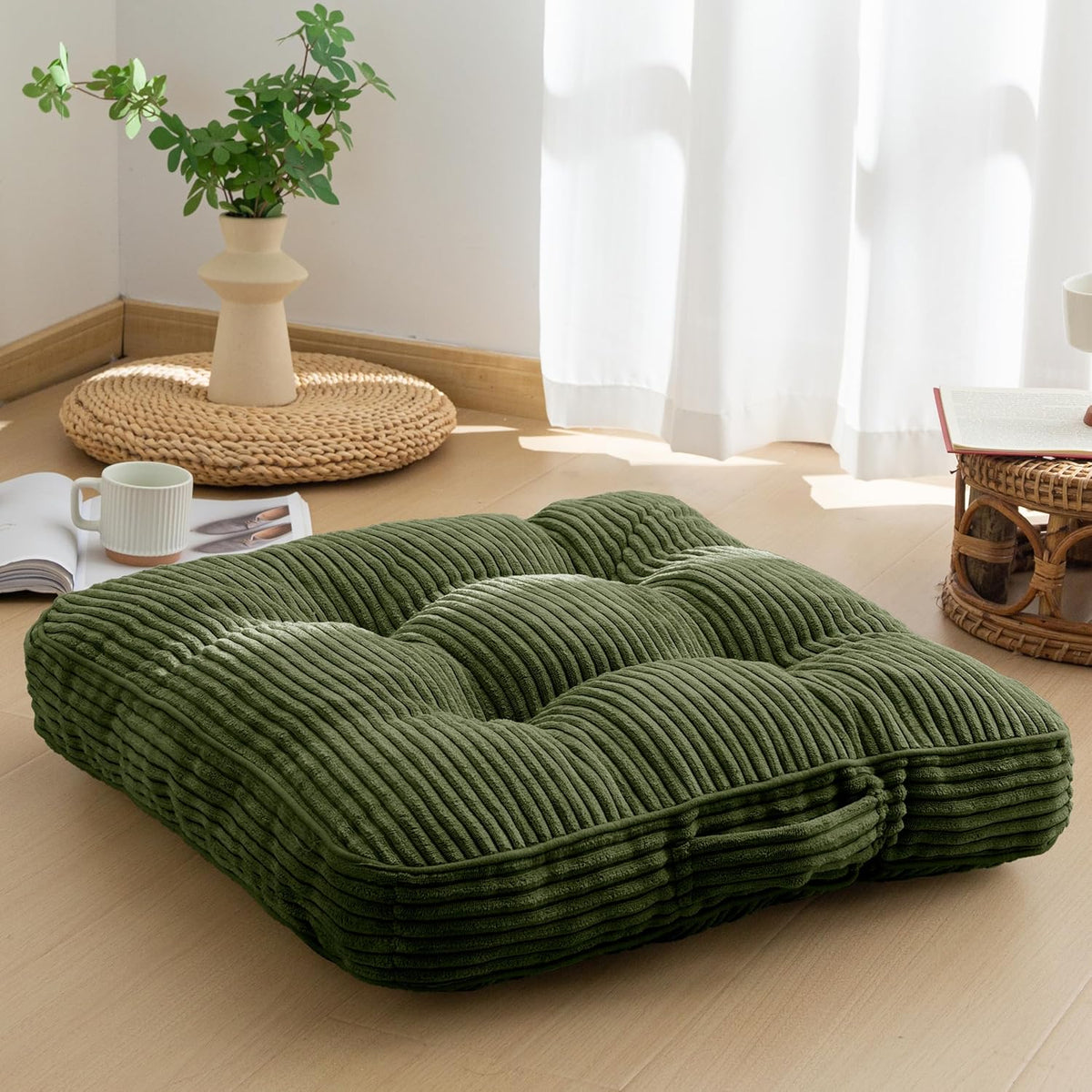 Floor Pillow Cushion for Adults, Meditation Cushion Pillow, Large Square Floor Sitting, Tufted Corduroy Cover, for Tatami Living Room or Yoga, 22x22 Inch, Dark Grey