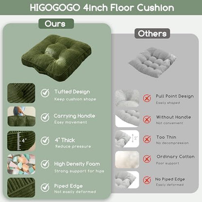 Floor Pillow Cushion for Adults, Meditation Cushion Pillow, Large Square Floor Sitting, Tufted Corduroy Cover, for Tatami Living Room or Yoga, 22x22 Inch, Dark Grey