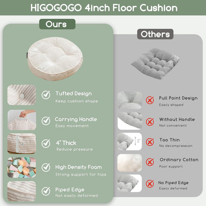Floor Pillow Cushion for Adults, Meditation Cushion Pillow, Large Square Floor Sitting, Tufted Corduroy Cover, for Tatami Living Room or Yoga, 22x22 Inch, Dark Grey