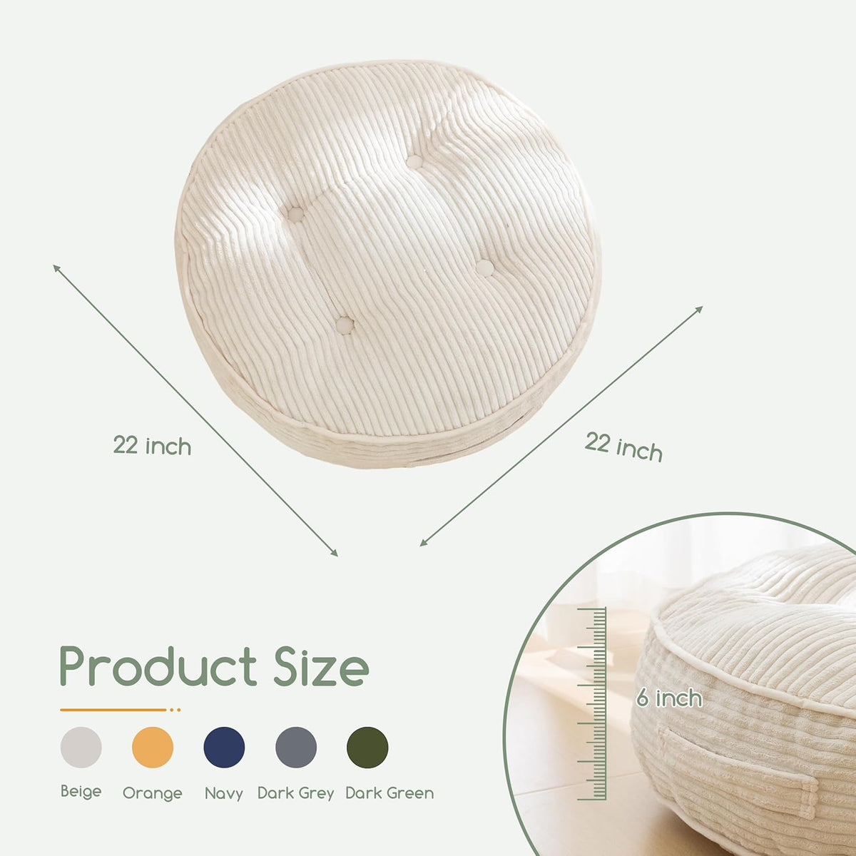 Floor Pillow Cushion for Adults, Meditation Cushion Pillow, Large Square Floor Sitting, Tufted Corduroy Cover, for Tatami Living Room or Yoga, 22x22 Inch, Dark Grey
